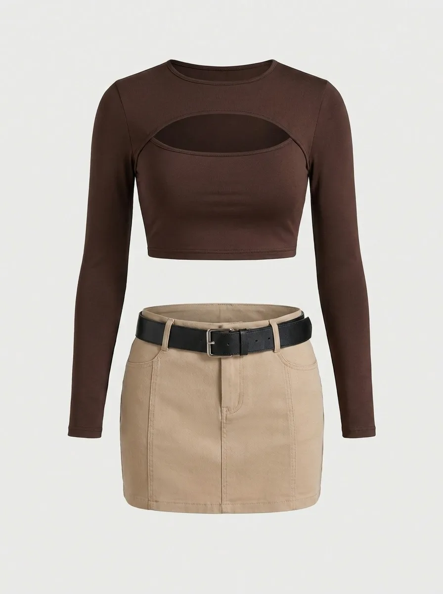 Flat lay of a brown cut-out top and beige cargo skirt