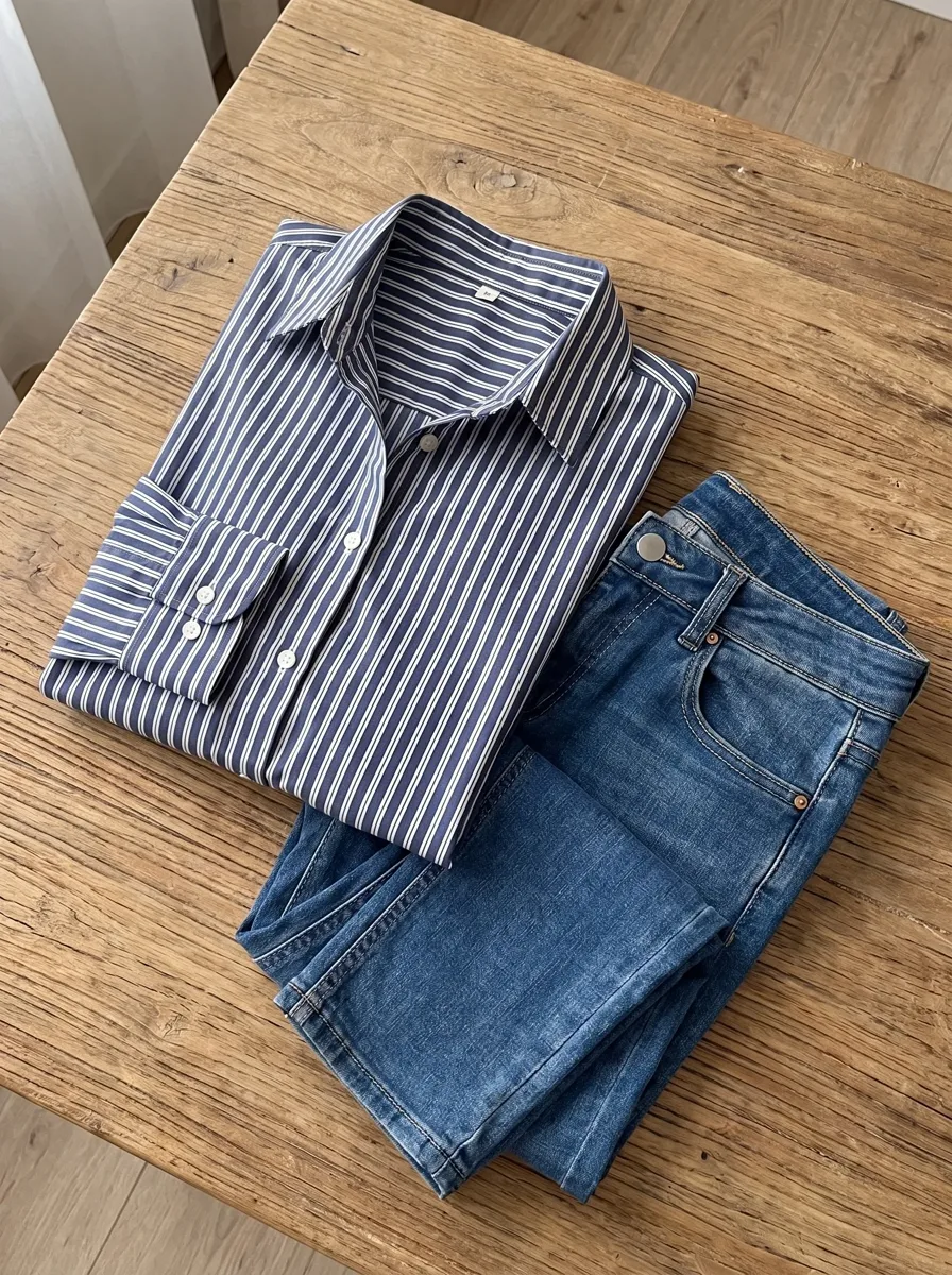 A striped shirt folded beside jeans on a wooden table