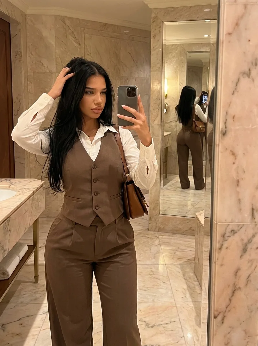 The same waistcoat suit worn by an AI model in a marble interior