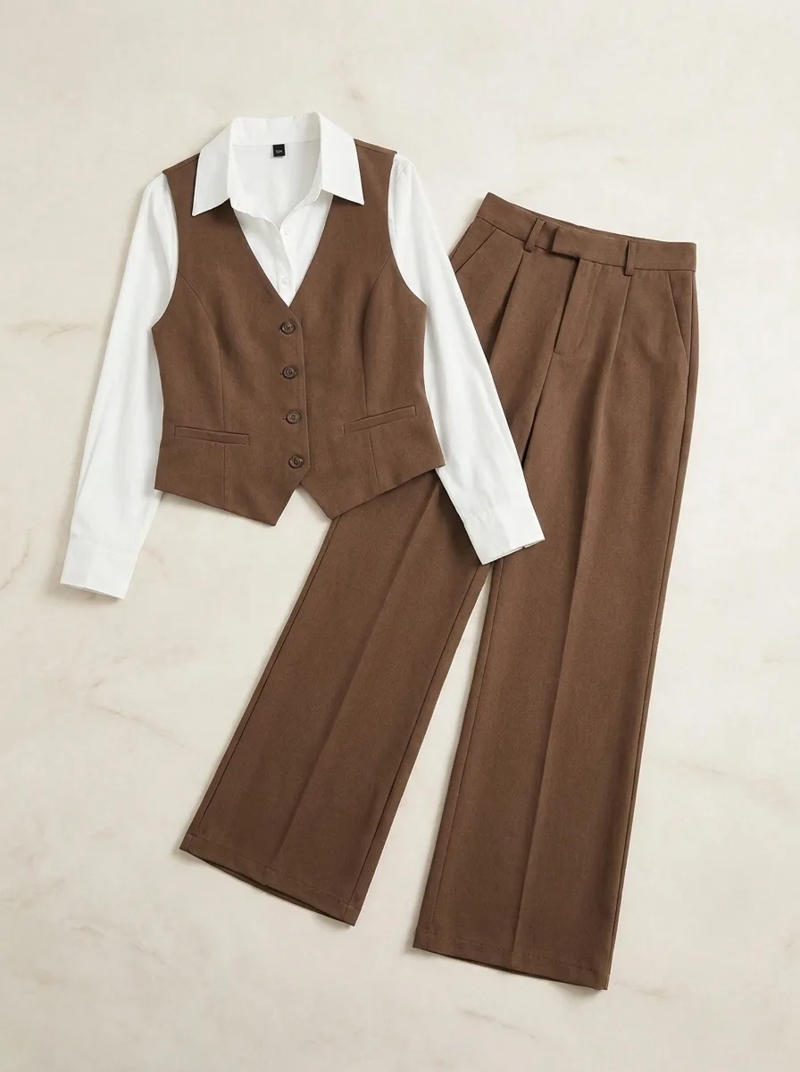 Flat lay of a brown waistcoat, white shirt and wide-leg trousers