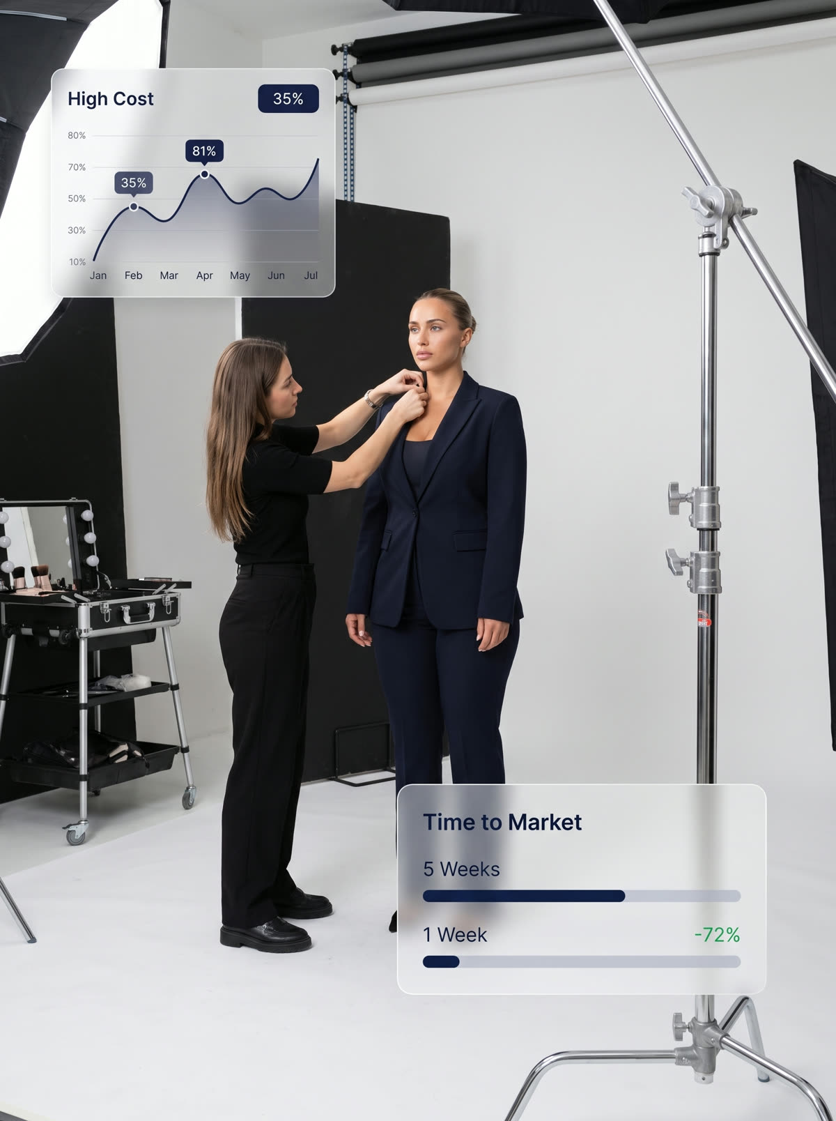 A traditional studio shoot with its cost and lead time charted beside it