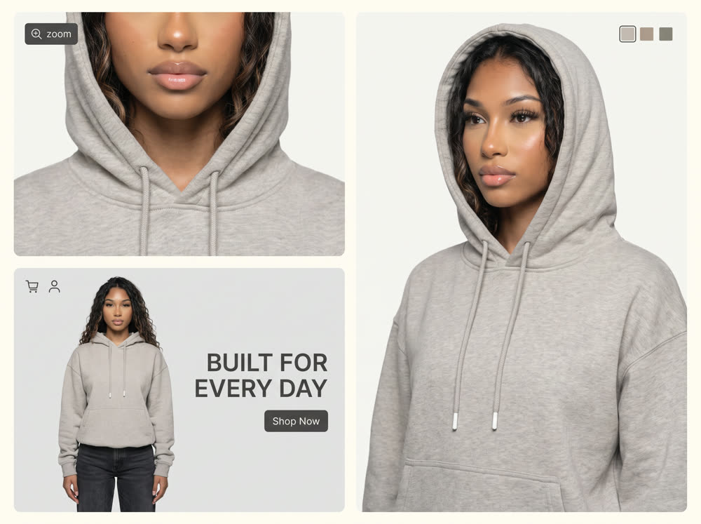 AI on-model render placed directly into a live storefront banner