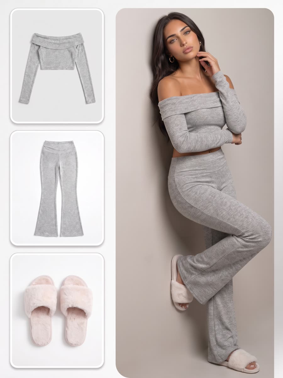 Gray off-shoulder top and flared pants flat lay turned into a full on-model studio look
