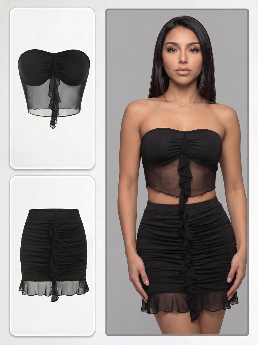 Black mesh ruffle crop top and mini skirt flat lay turned into a full on-model studio look