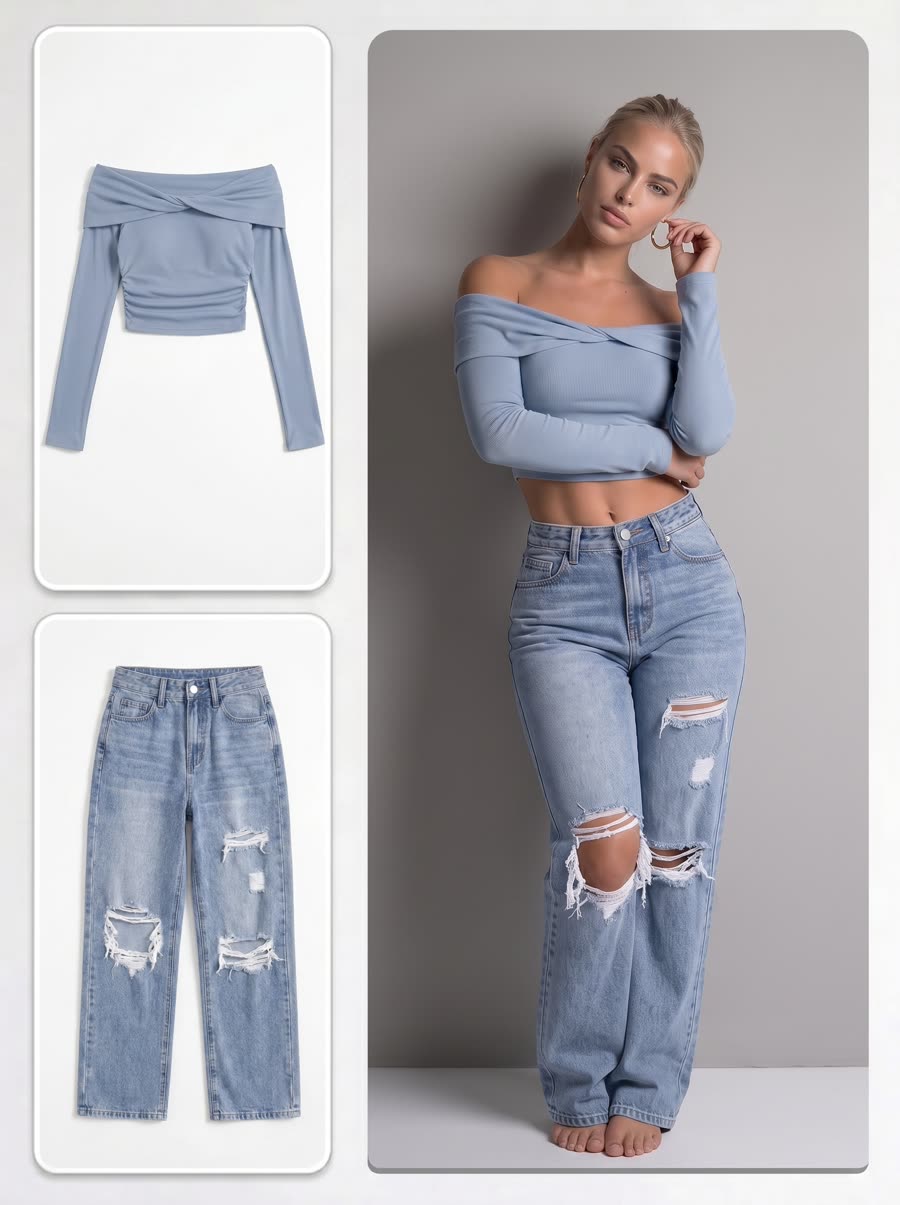 Two packshots — a blue off-shoulder top and ripped jeans — beside the finished on-model image returned for them