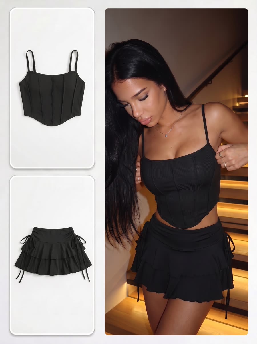 AI model on a staircase location, black ruffle mini skirt outfit