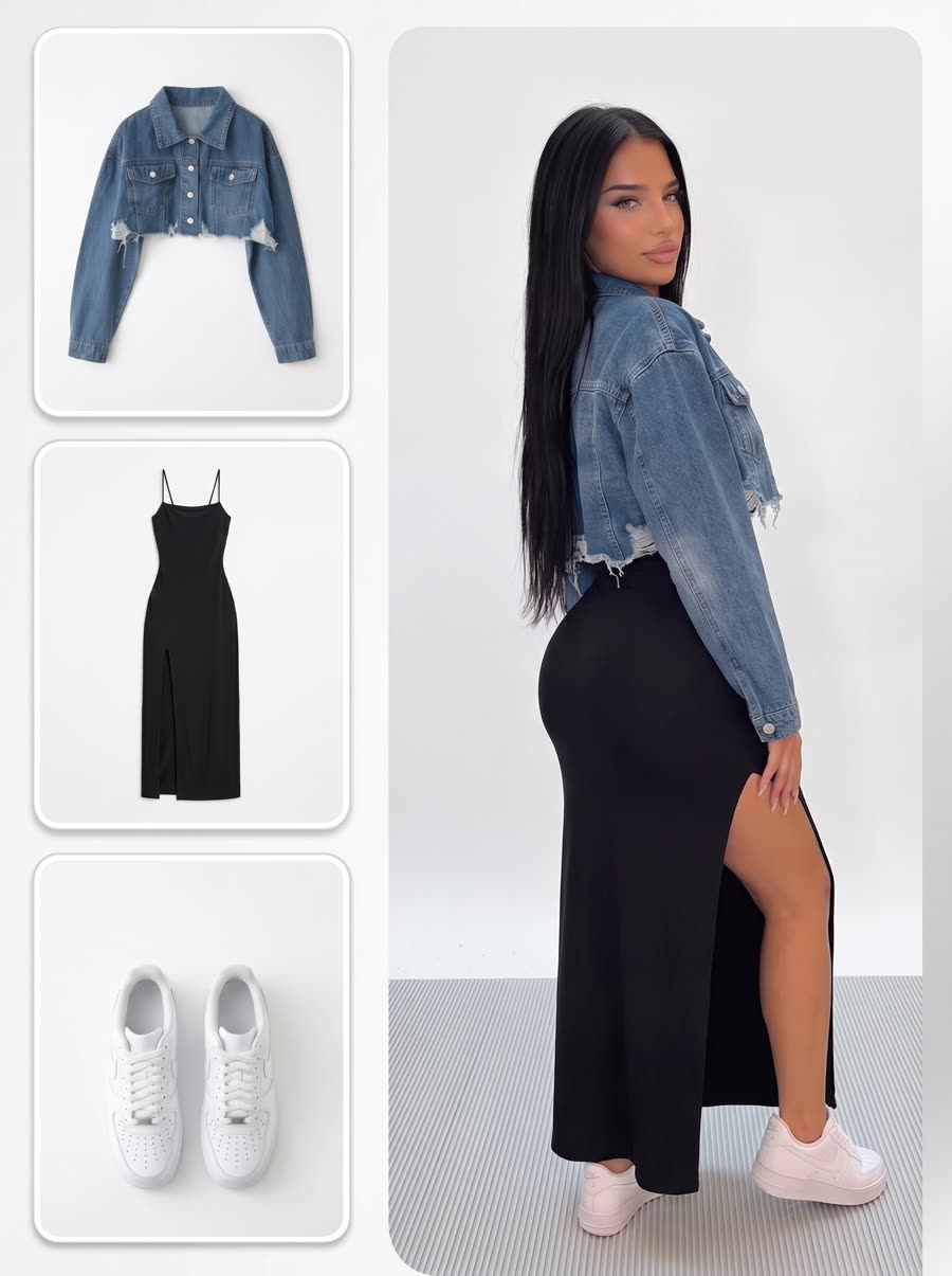 Denim jacket and black slip dress flat lay turned into a full on-model studio look
