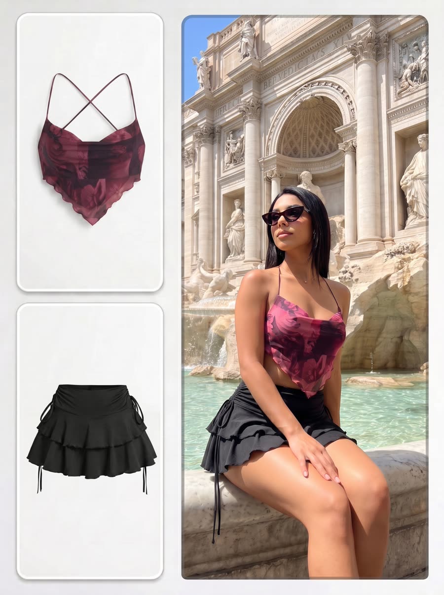 AI model on location at the Trevi Fountain, Rome, printed halter top and skirt