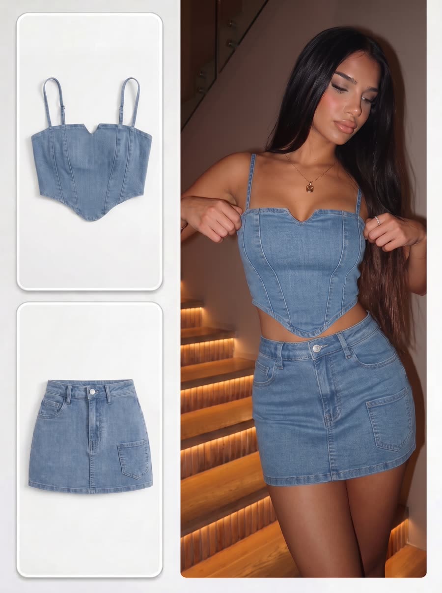 AI model on location in a kitchen, denim corset top and skirt