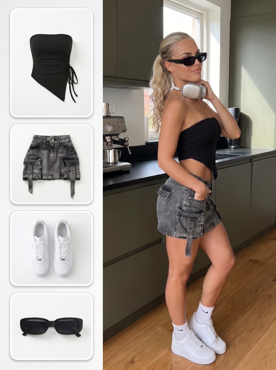 AI model on location in a kitchen, cargo skirt outfit
