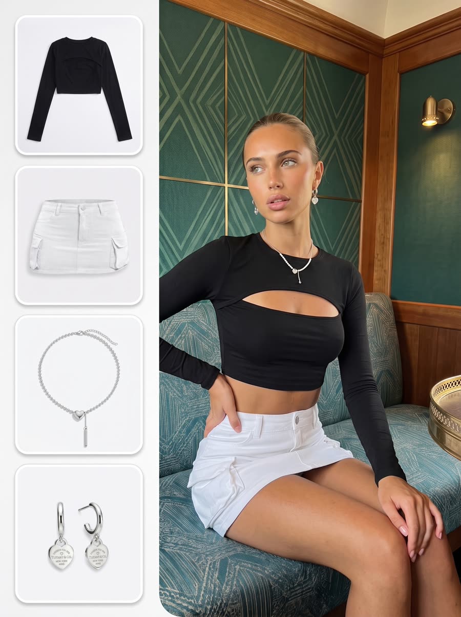 AI model on location in a restaurant, cutout top and cargo skirt