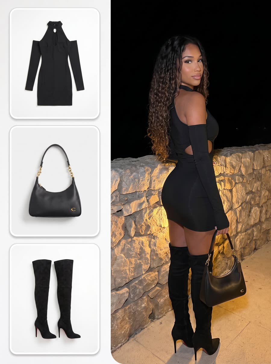 AI model on an outdoor stone-wall location at night, black halter dress