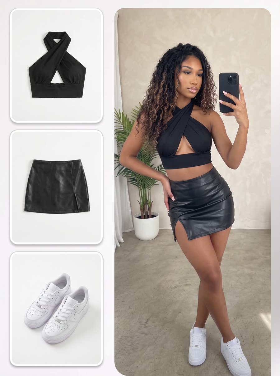 AI model on location at home, crossover halter top and leather skirt