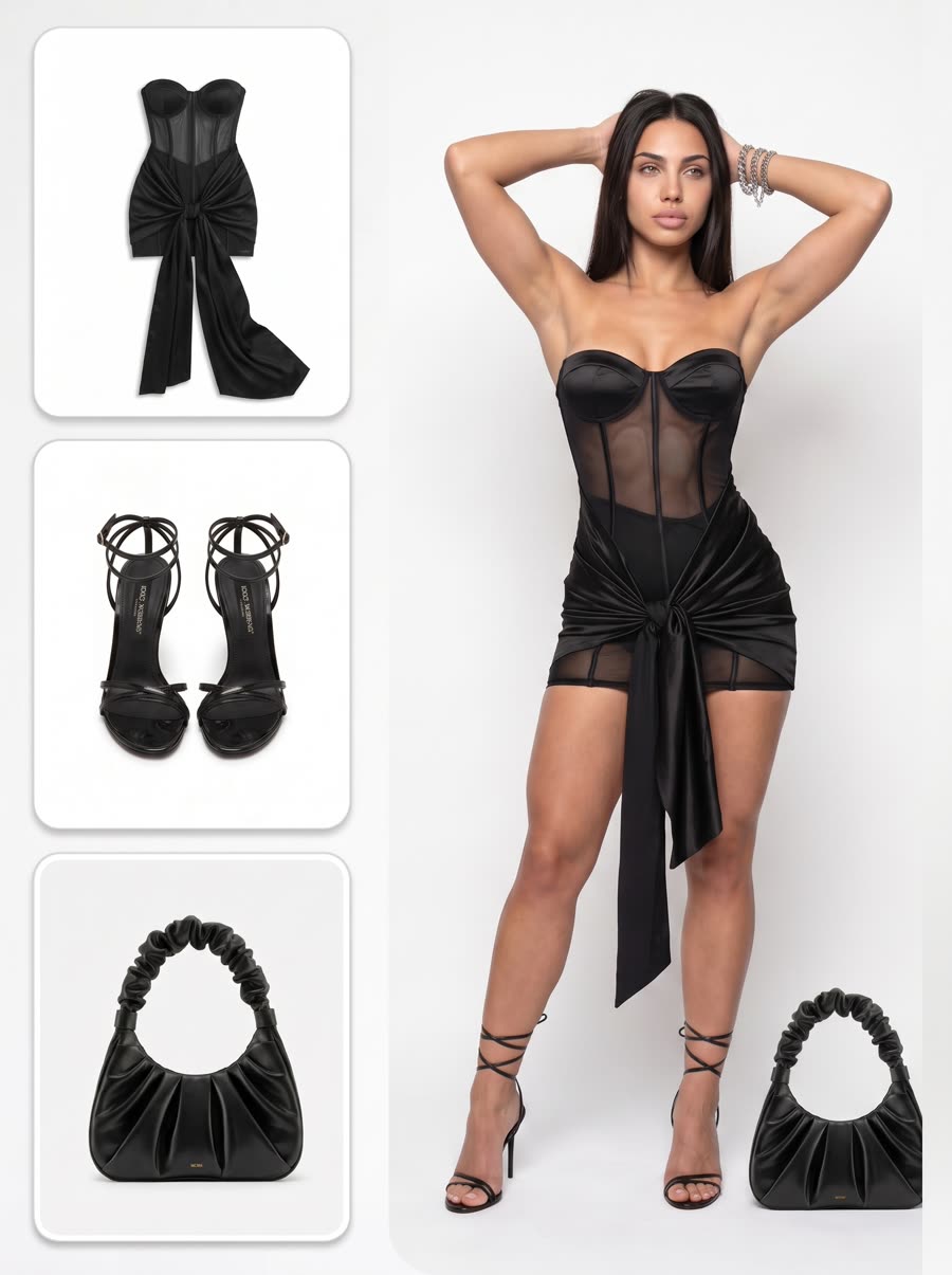 Corset dress and heels flat lay turned into a full on-model studio look