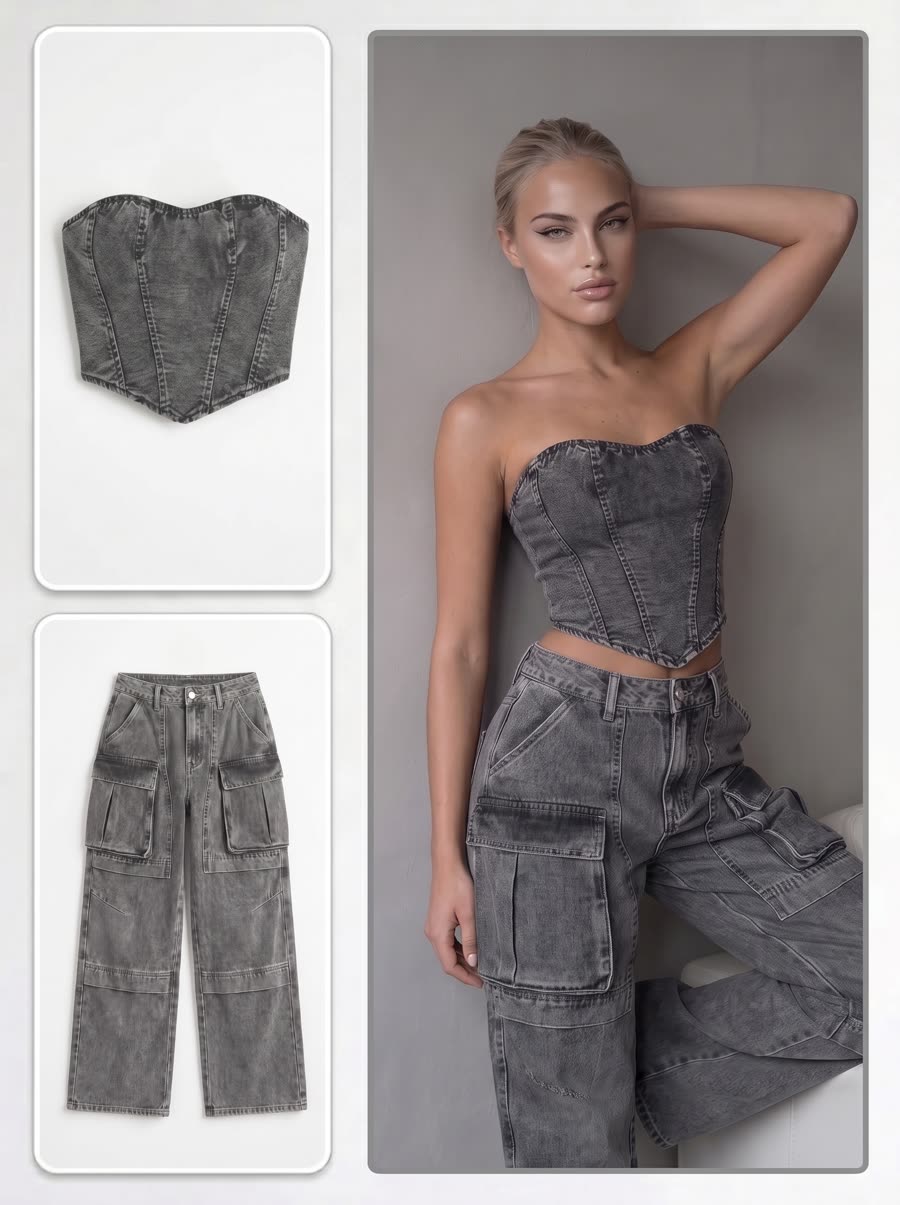 Denim corset top and cargo pants flat lay turned into a full on-model studio look
